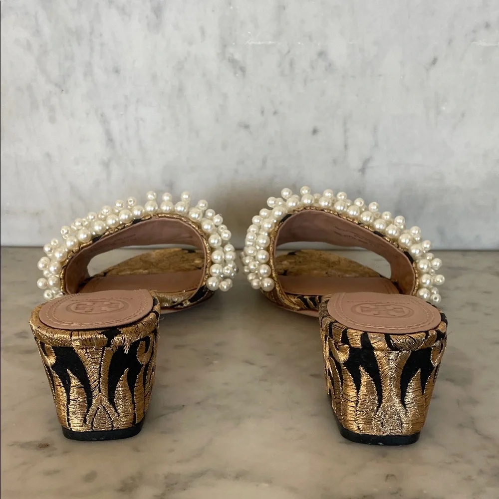 TORY BURCH Tatiana White Pearl Black Gold Brocade Slides Sandal 6M